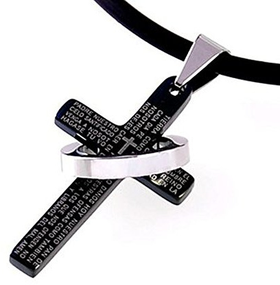 DonDon Leder Halskette mit schwarzem Kreuz und Edelstahlring Anhänger in Samtbeutel
