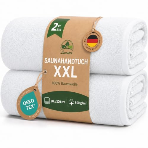 leevitex Saunahandtücher XXL 2er Set 80x200 cm, 100% Baumwolle, Badetuch | Flauschig & saugstark · OEKO-TEX zertifiziert · 100% Baumwolle, 500 g/m² Premium-Frottee, Weiß