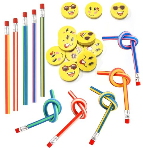 FEPITO 62 Stück Matite pieghevoli, 30 Matite colorate flessibili e pieghevoli con 32 gomme carine Riempitivi per sacchetti per feste di compleanno per bambini