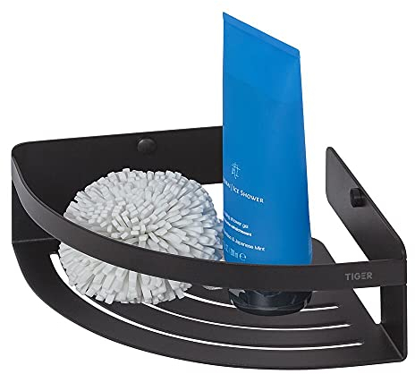 Tiger Caddy Duschkorb Eckversion klein, platzsparende Duschablage aus rostfreiem Edelstahl, Farbe: Schwarz, Duschregal für kleine Bäder und Duschkabinen