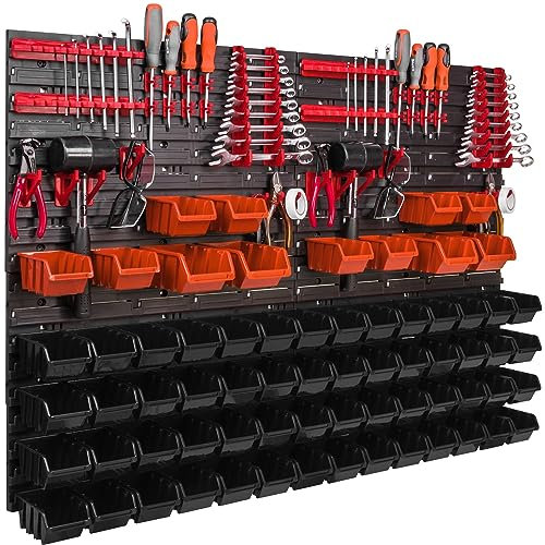 Étagère murale en plastique 68 bacs a bec Orange, panneau porte outils 115 x 78 cm, boites de rangement a clous et vis, crochets a outils a rangement de garage atelier