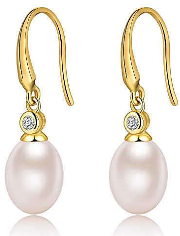 ZDaoBen Perlenohrringe 925 Sterling Silber Perlen Hängende Ohrringe Perle Ohrhänger Schmuck Geschenke für Damen Braut Hochzeit Oval Rund 8 mm