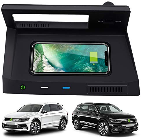 Kabelloses Ladegerät Auto für VW Tiguan 2018 2019 2020 Center Console-Zubehörfeld, 10W Qi Schnell-Ladegerät Pad mit QC 3.0 USB Port für iPhone 12/11/XS/XR/X/8, Samsung S20/S10/S9/S8