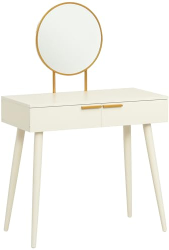 HOMCOM Coiffeuse avec Miroir Rond Table de Maquillage Style Moderne - 2 tiroirs, Pieds en Bois pour Chambre à Coucher, Salon, 80 x 40 x 123 cm Blanc