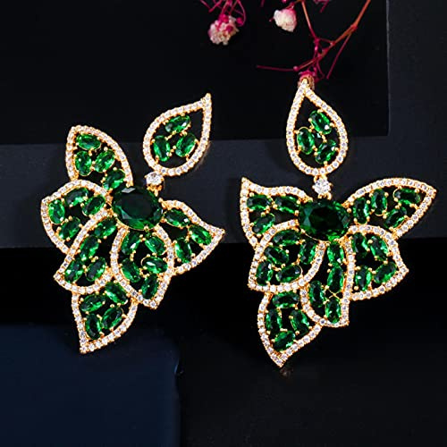 SALAN Forma De Hoja De Circonitas 18 K Oro Verde Esmeralda Topacio Cz Cristal Grandes Pendientes De Gota para Mujeres Fiesta Compromiso Joyería Regalos