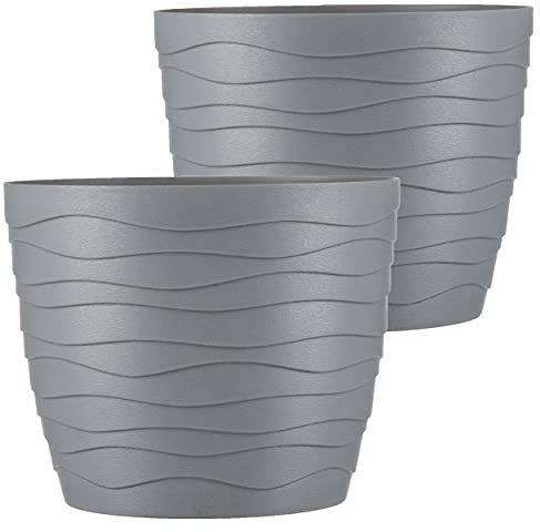 Tymar blomkruka, 2-pack, rund form, planteringskruka, blomkruka för inomhus, planteringskruka av plast, lätt, dubbelpack, med 3D-vågdesign (17 cm, grå)