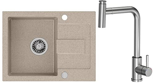 VBChome Spülbecken Beige mit Armatur 60 x 45 cm Granit Einzelbecken Einbauspüle Gesprenkelt Reversibel Modern Verbundspüle + Siphon Waschbecken Armaturen mit schwenkbarem und ausziehbarem Auslauf