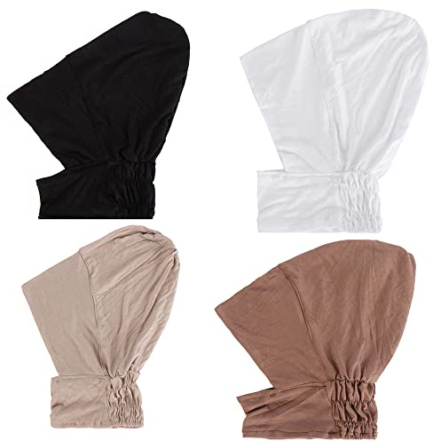 JDYaoYing 4 st muslimsk inre keps stretch turban hätta underscarf heltäckande hijab halsskydd huvudbonad, Svart vit beige kamel, 49