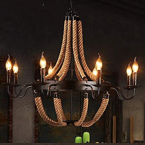 FUMIMID Retro Pendelleuchte E27 Vintage Pendellampe Hanfseil Esszimmer Kronleuchter Industrial Landhaus Nostalgischer Höhenverstellbarer Hängelampe Loft Bar Cafe Dekoration Eisen Hängeleuchte,8 heads