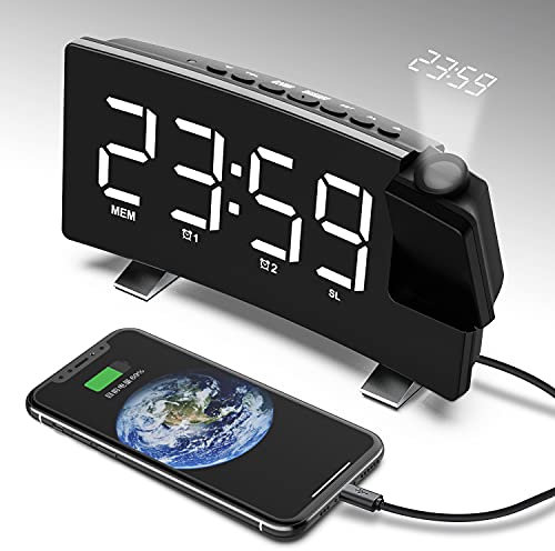 Projection Alarm Clock with FM Radio,USB Charger, 8LED Mirror Screen Big Digit, 180° HD 5-meter projection Alarm Clock with Snooze Function/3 Dimmer/Dual alarm clock /Power Failure Memory (001)