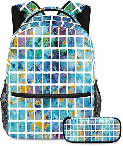 VAPOKF Watercolor Blue Mosaic Square Paint School Bag Set for Teen Girls Boys Kids, Student Bookbag Backpack Rucksack with Pencil Case for Primary Secondary Junior