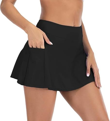 Durio Damen Bademode Kurze Rock Bikinirock Baderock mit Shorts Sportrock Bikinihose Schwimmrock Strandrock Schwarz 36 (Tag Size S)