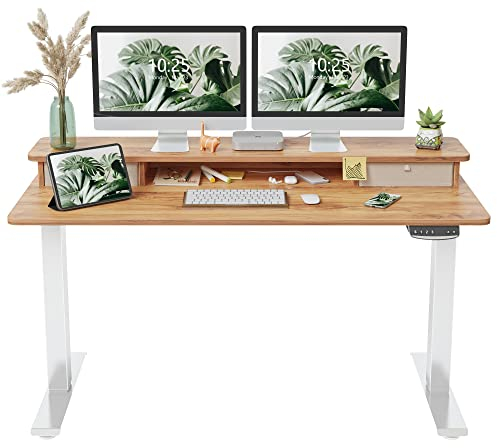 FEZIBO Höhenverstellbarer Elektrischer Stehtisch mit Doppelschublade, 140 x 60 cm Stehtisch mit Ablage, Sitz-Steh-Schreibtisch mit Verbindungsplatte, Weißer Rahmen/Hellbraun Oberfläche