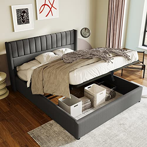 Kehun Polsterbett Doppelbett 180x200 cm mit Holz Lattenrost aus Metallrahme, Hydraulisch Bett mit Kopfteil, Moderner Stauraumbett Bettrahmen mit Groß Stauraum, Leinen, Grau, ohne Matratze