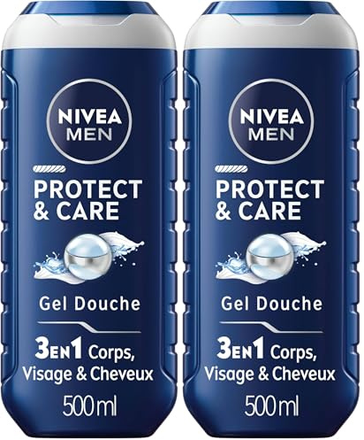 NIVEA MEN Gel douche 3-en-1 Protect & Care (1 x 500 ml), Gel douche homme à l’aloe vera, Soin nettoyant pour homme visage, corps et cheveux (Lot de 2)