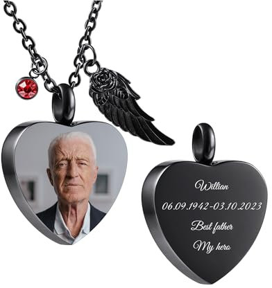 AOTXOXTOA Edelstahl Asche Urne Anhänger personalisierte Bild Herz Geburtsstein Halskette Foto für Frauen Männer Engel Flügel Memorial Keepsake Trichter Fill Kit