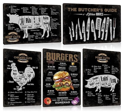 5er Set Blechschilder Retro Essen 20x30cm - BURGERS REZEPTE - BUTCHER GUIDE - BEEF CHICKEN PORK CUTS - Metall-schild grillen Deko für Restaurant Küche Wanddekoration