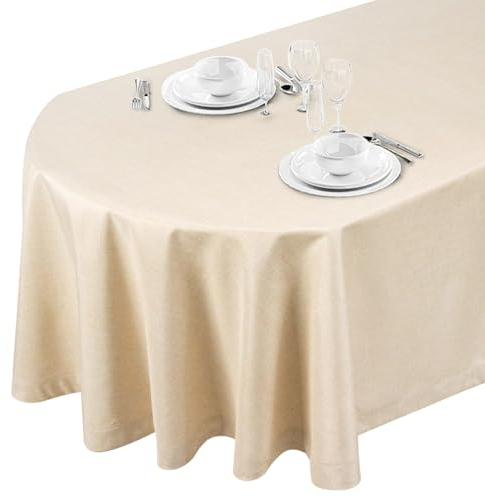 LLCUTESHOP Oval Tischdecke Beige 155 x 215cm, Knitterfreie Tischtuch Elegante Beige Leinen Tischdecke Einfarbig, Ausgeschnittenes Design, Premium Handgefertigt, Leinenoptik Abwaschbar