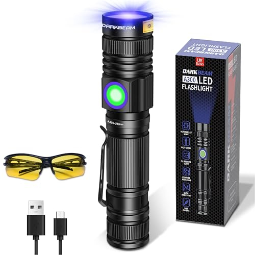 DARKBEAM Linterna UV 365 nm Recargable Luz Negra, Mini Linternas Ultravioleta LED Potentes, Lámpara de Madera Portátil, Detector de Orina de Perro/Gato, Manchas, Billetes, Minerales, con gafas UV