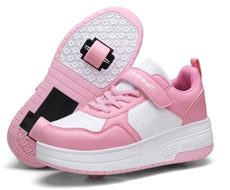 Schuhe mit Rollen für mädchen Jungen Einzelrad/Doppelrad Verstellbare Rollschuhe Schuhe Einziehbar Turnschuhe mit Rollen für Kinder Roller Skate Shoes für Outdoor-Sportarten,Rosa,30EU