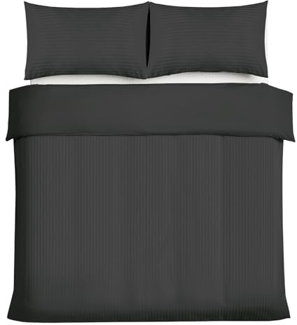 Good Nite Single Duvet Cover Sets Satin Stripe Brushed Microfiber Bedding Set 3 PCS with Pillowcases Ultra Soft with Corner Straps (Black, Single)