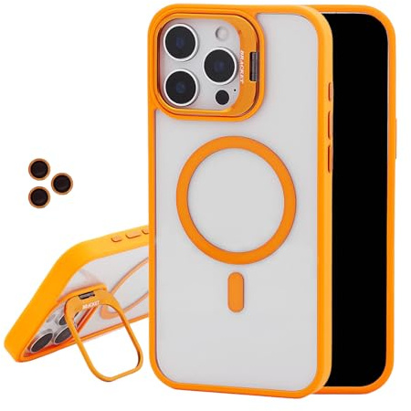 Keyihan Magnetica Cover per iPhone 15 Pro Max + Pellicola Protettiva Obiettivo-Fotocamera, Compatibile con MagSafe, Trasparente Custodia con Supporto, Case rigida Bumper Antiurto Morbido, arancio