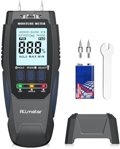 ALLmeter Feuchtigkeitsmessgerät Holz mit Stift, digitales Holzfeuchtemessgerät Brennholz, 4 Messmodi, LCD mit Hintergrundbeleuchtung, Feuchtigkeitsmesser für Wände, Ziegel, Böden & Schnittholz