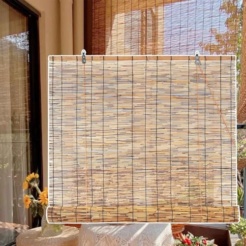 YtsNyxolus Natur Bambusrollo Mit Lifter Bambus Rollos Für Fenster Bambus Jalousine Raffrollo Sonnenschutz Rollos Lichtfilter Belüftung Retro Schilf Vorhang Holzrollo Aussenbereich Anpassbar Anti-UV