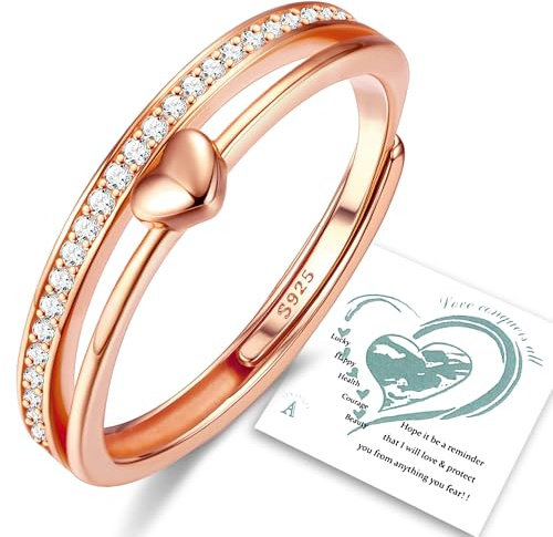 Adramata Anillos Mujer Plata de Ley 925 Anillo de Corazón Ajustable Chapados en Oro de 14K CZ Anillos de Compromiso Alianzas Boda Anillo de Promesa