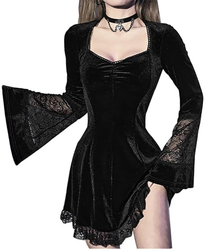 XKBHYD Robe gothique en velours pour femme - Robe d'automne - Robe d'hiver - Manches cloches - Col carré - Mini robe de fête d'Halloween avec dentelle