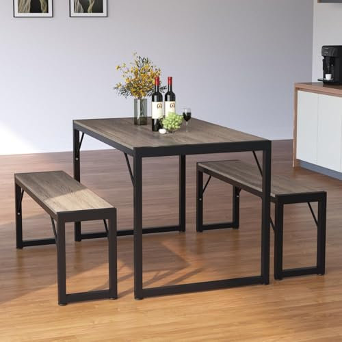 Bealife Dining Table Set for 4 with Metal Frame and MDF Board, Space Saving Kitchen Table with 2 Benches, Kitchen Table Set for Apartment, Dining Room, Breakfast Nook, Grey