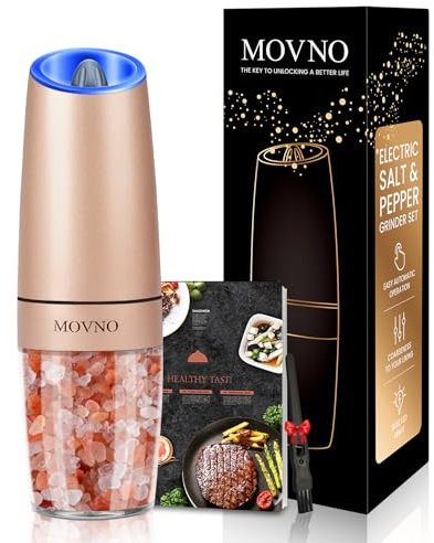 Gravity Electric Salt and Pepper Grinder Set, Battery Powered LED Light One Hand Automatic Operation, Adjustable Coarseness Mill Grinders Shakers Black (H.Gold 1P)