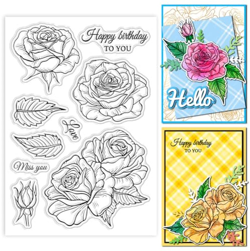 GLOBLELAND Transparente Stempel Mit Rosen Und Blättern Zur Kartengestaltung Stempel Mit Floralem Hintergrund Transparenter Silikonstempel Mit Blumen Und Blättern Für Scrapbooking DIY
