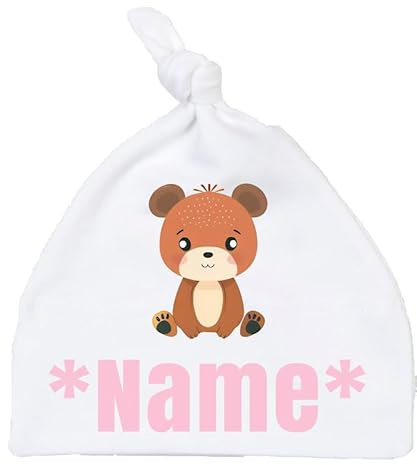 Personalisierte Babymütze mit Knoten zum Zubinden - Weiche Neugeborenenmütze für Babys & Kleinkinder Bär Beanie Mütze Grau