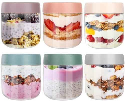 Aevcvok 6 Overnight Oats Jar, 300ml Pot Overnight Oat Verre, Petit Pot Yaourt en Verre avec Couvercle, Bocaux Overnight Oats, Meal Prep Containers pour Yaourts, Puddings, Smoothie, Salade