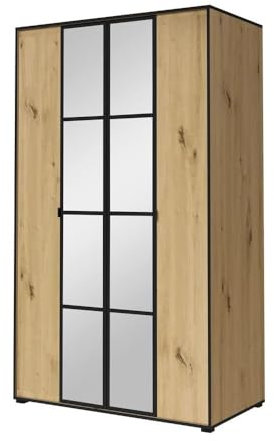 FurnitureByJDM Klassischer Kleiderschrank mit Spiegel – Shrank 4 türen, Kleiderstange & 5 Regalböden – 120 cm Breit 206 cm Höhe 65 cm Tiefe - Oslo I (Artisan/Schwarz)