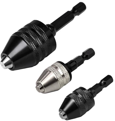 3 Pack Keyless Drill Chuck Adapters, 1/4 in Hex Shank, 0.3-8mm | Two 0.3-3.6 mm Chucks, One 0.6-8 mm Chuck, 1/4 in Hex Shank, Keyless Quick Change, Carbon Steel