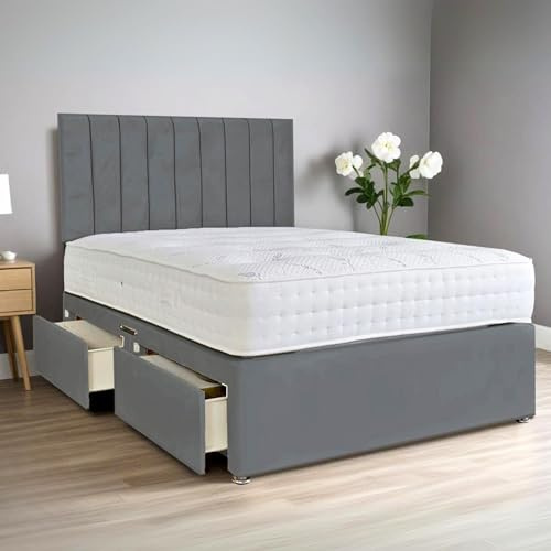 amu 5FT Stripe King Size Divan Bed with 2 Drawers | 24 Headboard, Plush Velvet Double King Size Bed Frame for Space-Saving Solutions (Grey, 5FT King No Mattress)