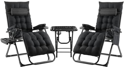 TLGREEN Sonnenliege 3er Set, Gartenliege, Liegestuhl klappbar(2 Liegestühle + Tisch), Abnehmbares Sitzkissen, Verstellbare Rückenlehne, Nackenkissen und Getränkehalter, für Pool Garten Terrasse, 3 PCS