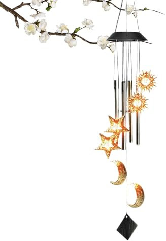 Eventerde Carillons Solaires Extérieurs Étanches - Luminaire Extérieur à Carillon Éolien Solaire,Art de Jardin, Ornements de Pelouse, Éclairage d'Ambiance Lune et Étoiles pour Jardin Terrasse Fenêtre