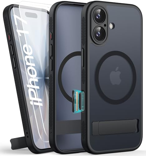 SIXBOX für iPhone 17 Hülle mit Ständer & Schutzfolie, Schwarz | [2X Displayschutzfolie], Kamerasteuerung, Kompatibel mit MagSafe, Militär Schutzhülle, Silikon Rutschfest Case für iPhone 17