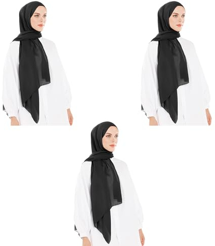 Huvudduk dam hijab – chiffong hijab huvudduk för kvinnor – modern muslimsk chiffong hidzab halsduk huvudduk, 3 stycken svart, 180 x 70 cm