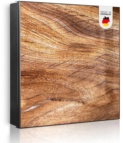 banjado Großer Schlüsselkasten Metall - Schlüsselbox 30x30cm beschreibbarer mit 32 Haken - Schlüsselkasten modern für Schlüsselaufbewahrung - Korpus Schwarz Scharnier Rechts - Motiv Holz Struktur Flie