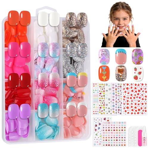 EBANKU 12 Style Press On Nails for Kids, Girls Nail Art Kit with 6 Sheets Heart, Fruit, Flower Nail Stickers, 3D Rhinestones, Mermaid Face Gems & Colorful Designs