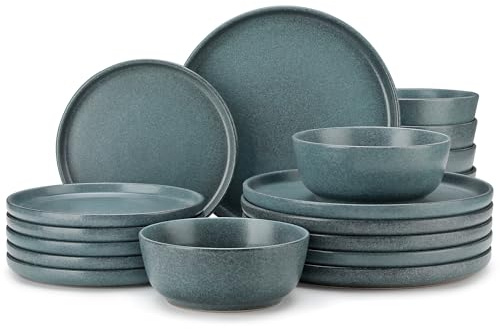 vancasso Zermatt 18 Pieces Dinner Set for 6, Reactive Glaze Stoneware Plates and Bowls Set, Blue Crockery Set with Dinner Plates, Dessert Plates & Cereal Bowls, Microwave & Dishwasher Safe