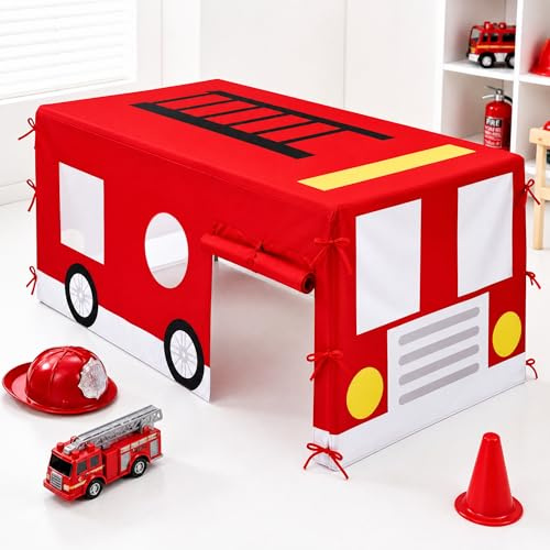 Oudain 10ft x 7.5ft Large Tablecloth Playhouse for Kid, Firetruck Play Fort | Fire Truck Birthday Decorations, Gift for Christmas, Table Cover Fort Building, Table Tent, Dining Room Indoor Outdoor Party