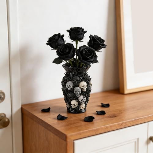 Gotische Totenkopf-Vase mit Strasssteinen – Schwarz-Weiß Dekovase für Gothic- & Halloween-Dekoration, 15 cm hoch (Schwarz)