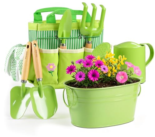 Juego de jardinería para niños de 8 piezas con cesta de metal y herramientas de metal real, kit STEM para exteriores, asas ergonómicas de madera, 3 palas, rastrillo, regadera, guantes, bolsa de mano