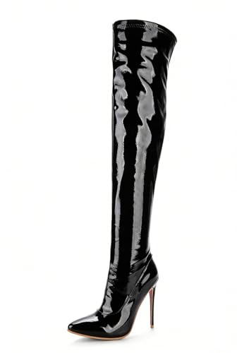 Kvinnor Stiletto Avsmalnande Toe Syntetiskt Läder Högklackade Stövlar 12 cm Dragkedja och Faux Pälsfoder för utomhusaktiviteter och Daglig användning, Svart, 44 EU