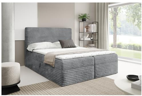 MEBLINI Boxspringbett mit Bettkasten - 180x200 - H4/Grau Cordstoff - Talia - Gepolstert Doppelbett mit Matratze und Topper - Polsterbett mit Stauraum - Bett mit Kopfteil - Stauraumbett